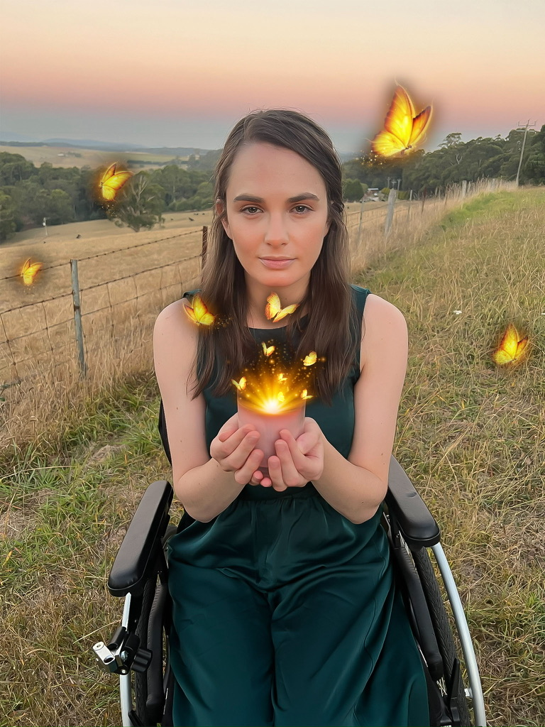 Tayla, a young white woman with medium brown wavy hair wears a silky green jumpsuit and gazes into camera. She is sitting in a black manual wheelchair in a grassy paddock with a sunset in the background. She hols an candle with light and golden butterfly bursting from the top and flying away.