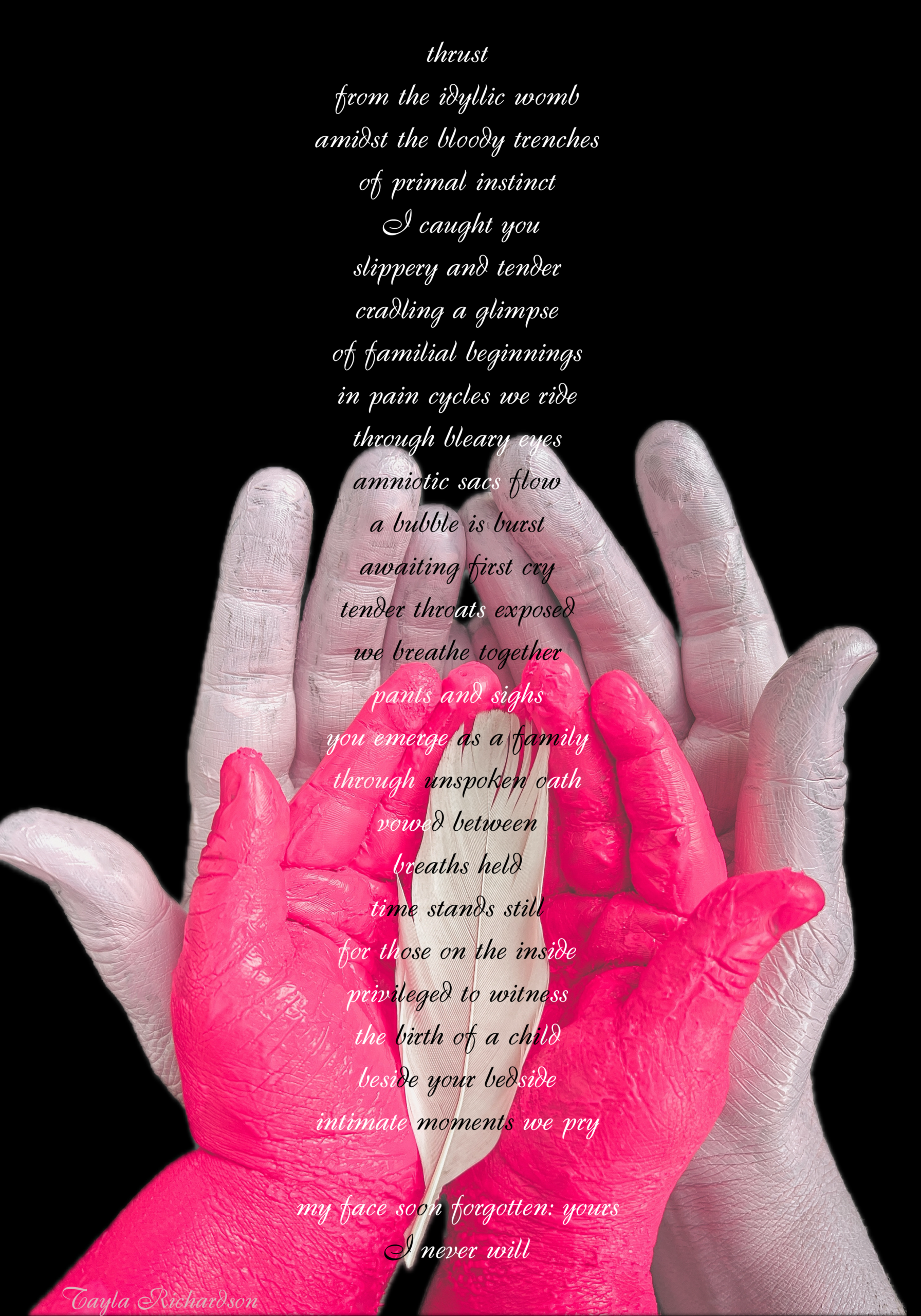 Photograph of Art piece featuring: pale pink adult hands cupping neon pink child hands holding a white feather against a grey textured backdrop. Poem: thrust from the idyllic womb amidst the bloody trenches of primal instinct I caught you slippery and tender cradling a glimpse of familial beginnings in pain cycles we ride through bleary eyes amniotic sacs flow a bubble is burst awaiting first cxy tender throats exposed we breathe together pants and sighs you emerge as a family through unspoken oath vowed vetween breaths held time stands still for those on the inside privileged to witness the birth of a child beside your bedside intimate moments we pry my face soon forgotten: yours e never will.