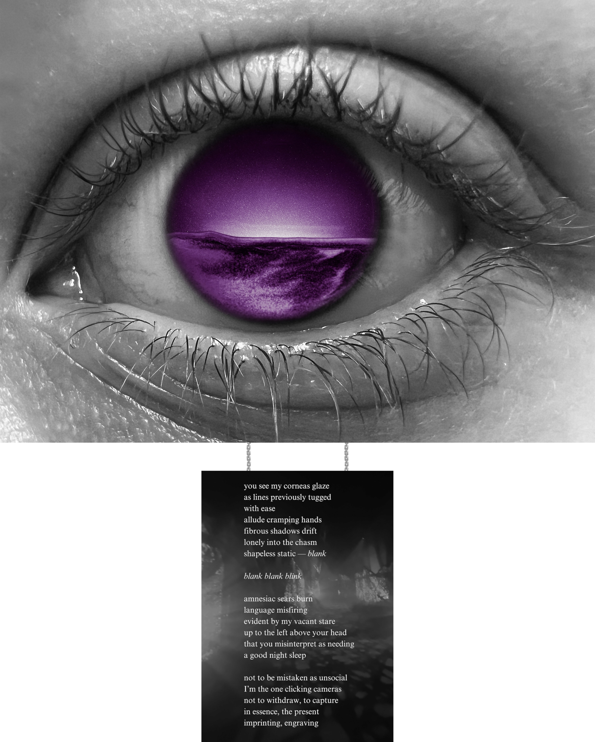 Photograph of Art piece featuring: a close up of a black and white eye, where the the iris and pupil are a purple horizon over water or sand. A poetry caption plaet reads: you see my corneas glaze as lines previously tugged with ease allude cramping hands fibrous shadows drift lonely into the chasm shapeless static -blank blank blank blink amnesiac sears burn language misfiring evident by my vacant stare up to the left above your head that you misinterpret as needing a good night sleep not to be mistaken as unsocial I'm the one clicking cameras not to withdraw, to capture in essence, the present imprinting, engraving.